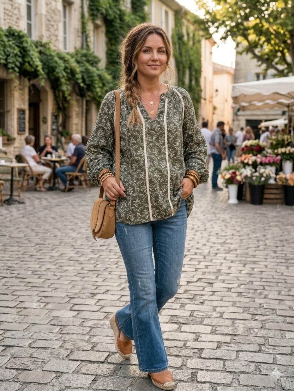 Mira Olive Green Boho Floral Peasant Blouse with Crochet Lace Trim /puff Sleeves